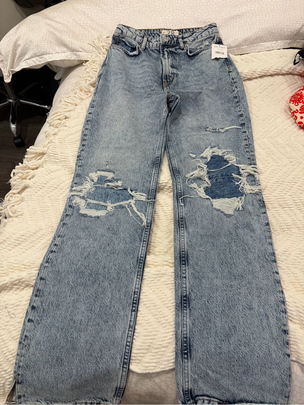 We The Free Light Blue Distressed Straight-Leg Jeans